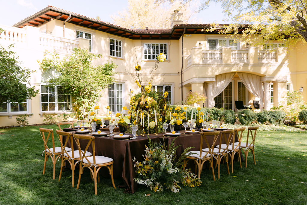 Outdoor elegant wedding reception setup at Oceana's Gardens in Boulder, Colorado