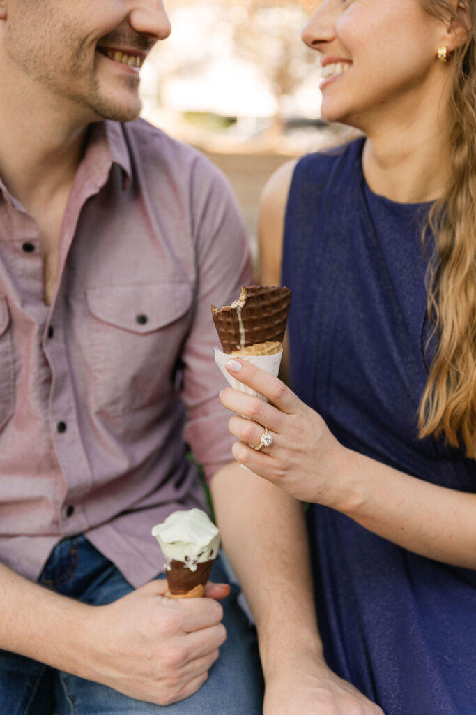 Close-up of the couple holding ice cream cones during their Old Town Fort Collins engagement photos.