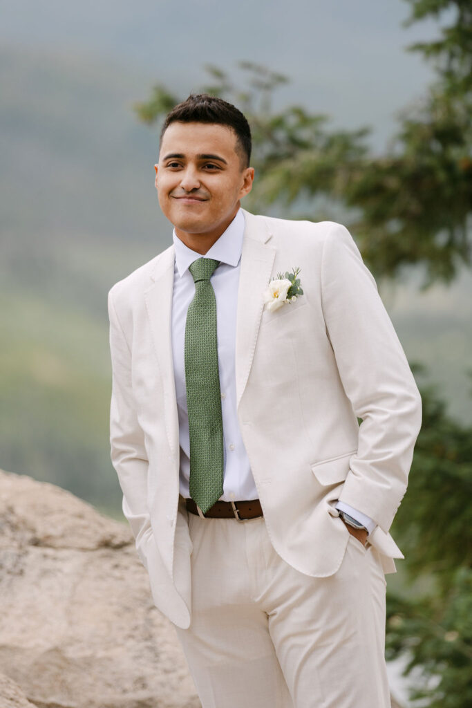 Groom seeing the bride come down the aisle at their intimate wedding at Sapphire point overlook
