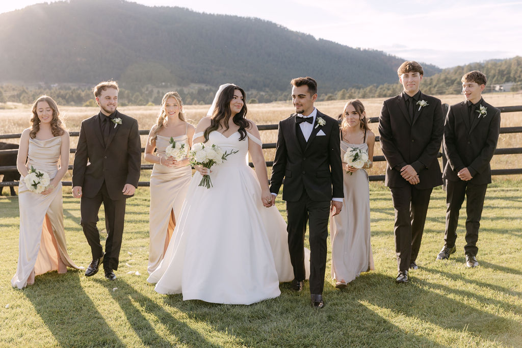 Wedding party standing in front of Colorado mountain backdrop at Spruce Mountain Ranch.