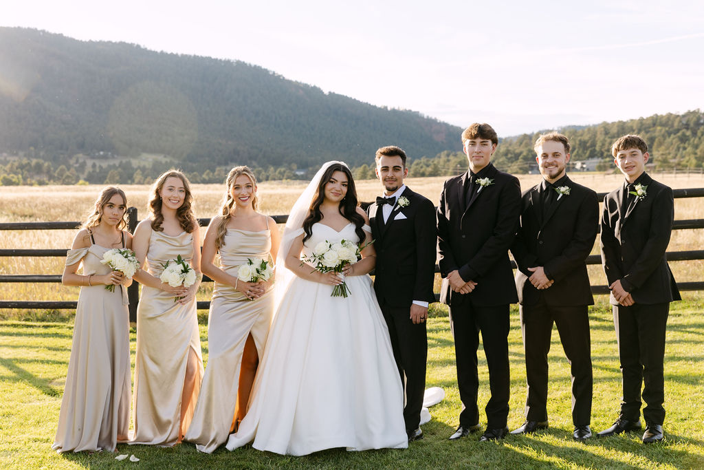 Wedding party standing in front of Colorado mountain backdrop at Spruce Mountain Ranch.