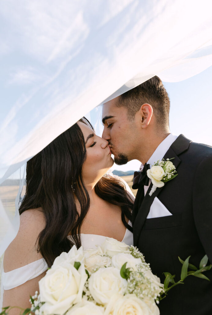 Bride and groom kissing under the veil with Colorado sunshine behind them.