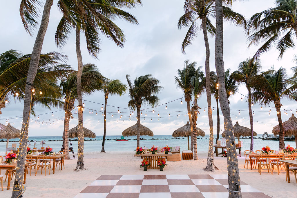 Luxury tropical wedding reception on Renaissance Island in Aruba at Wind Creek Resort